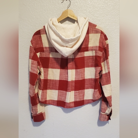 American Eagle Red & Cream Cotton Hooded Plaid Flannel Shirt Shacket Size Small - Picture 7 of 9